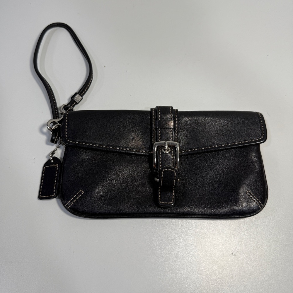 Coach Black Leather Stitched Wristlet Wallet Mini Bag With Charm And Buckle